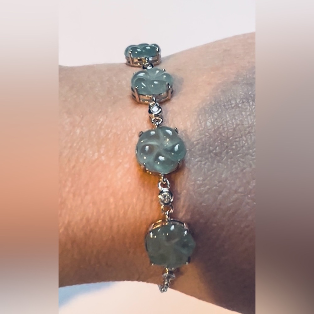 BJ2 Natural GRADE A Blue Water Carved Flower Jadeite Jade Bracelet RhodiumS925
